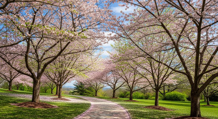 Cherry blossoms in full bloom in a public park in spring