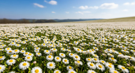Field of daisies on a sunny day in springtime.
