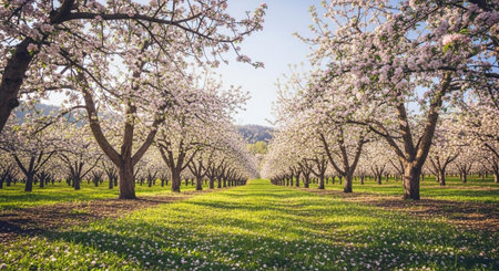 Blooming apple orchard in spring time. Beautiful landscape of blooming apple orchard.