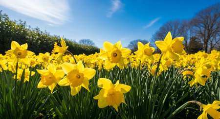 Daffodils in full bloom in a field in springtime