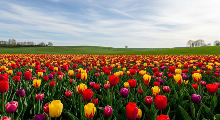 Colorful tulips on a field in springtime with blue skyの写真素材