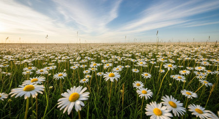 Field of daisies at sunset, panoramic view.
