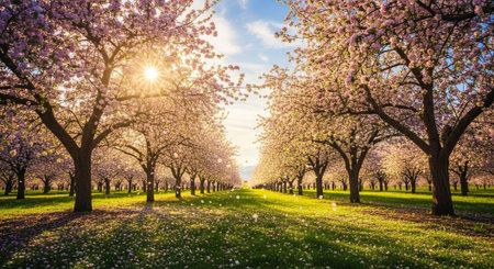 Cherry blossoms in full bloom at sunset. Spring landscape.