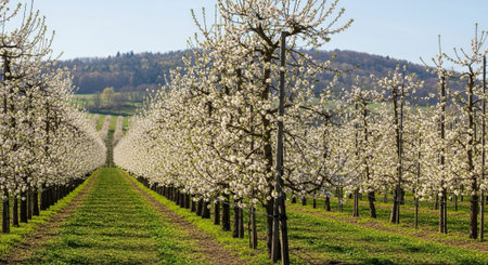 Blooming fruit trees in orchard in spring, Czech Republic.