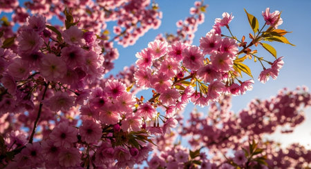 cherry blossom, pink sakura flowers on blue sky background