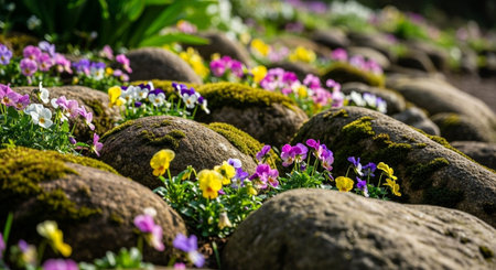 Colorful pansy flowers and stones in the garden, selective focus
