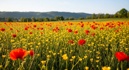 poppies in a field in spring, panoramic view