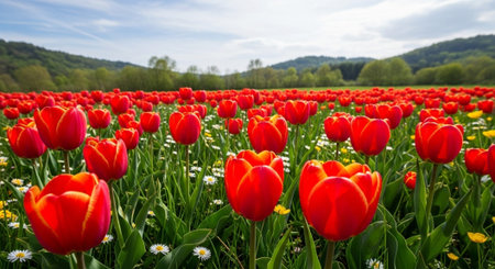 Red tulips in a sunny field in spring, Almere, Flevoland, The Netherlands