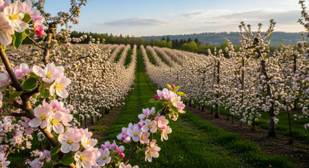 Blossoming apple orchard in springtime, panorama.