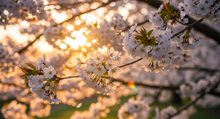 Cherry blossoms in full bloom at sunset, close-up