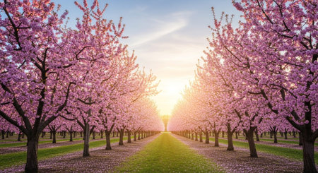 Cherry blossoms in full bloom at sunset in springtime.