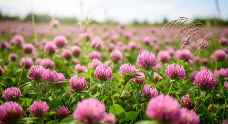 Beautiful pink clover flowers on a meadow in the summer
