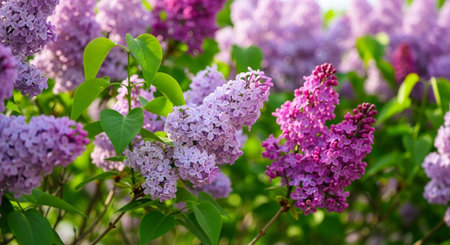 Branch of lilac flowers in the garden. Spring landscape.