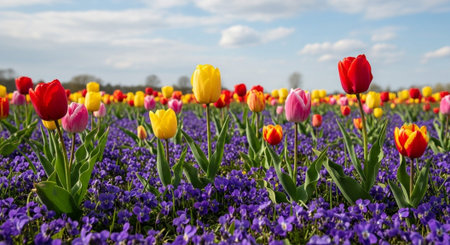 Tulips and pansies in a field in sunlight in spring