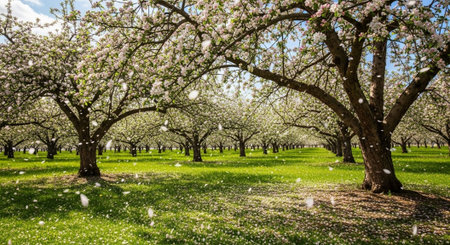 Blooming apple orchard in spring. Spring blossom tree garden
