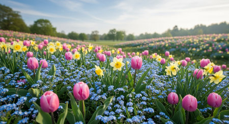 Colorful tulips and forget-me-nots in an agricultural field in spring