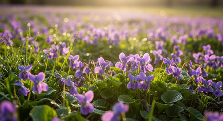 Beautiful spring meadow with violet flowers in the sunlight. Nature background