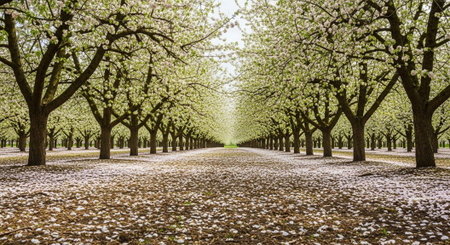 Beautiful blooming apple orchard in springtime with white flowersの写真素材
