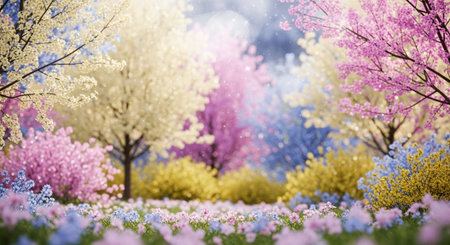 Spring blossom background. Beautiful spring landscape with blooming flowers.の写真素材