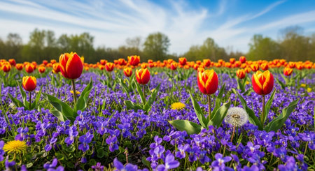 Tulips and dandelions in a sunny field in spring