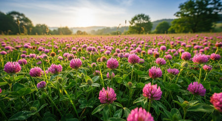 Field of red clover flowers at sunset. Beautiful summer landscape.