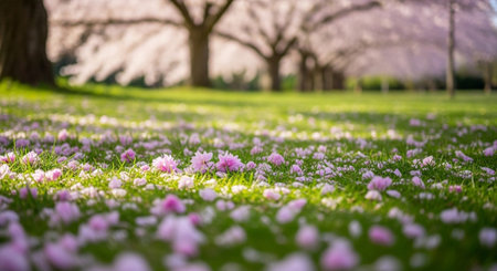 Spring flowers in full bloom in the park with cherry blossom treesの写真素材