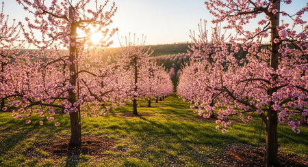 Blossoming of peach trees in the garden at sunset, spring landscapeの写真素材