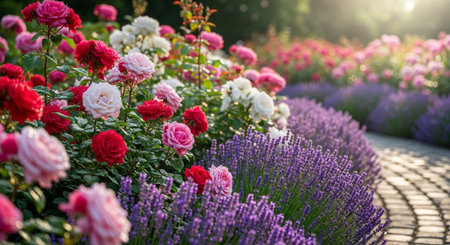 Beautiful blooming lavender flowers in the garden at sunset.