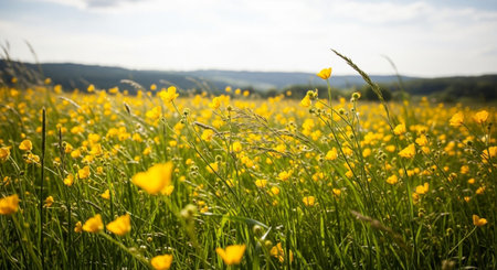 Yellow buttercups on a meadow in the countryside in summer