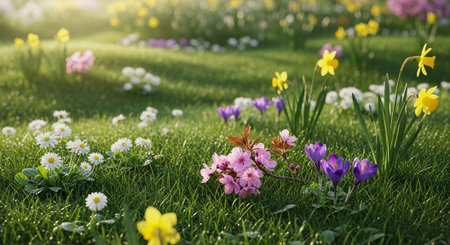 Spring flowers in the park. Beautiful spring landscape with blooming flowers.の写真素材