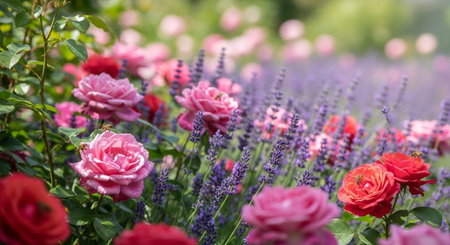 Beautiful roses and lavender flowers in the garden. Nature background