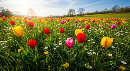 Colorful tulips in a sunny meadow in springtime.の写真素材