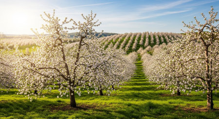 Blossoming apple orchard in springtime. Landscape with blooming fruit trees.