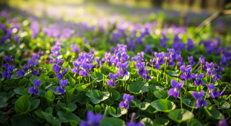 Beautiful violet spring flowers in the forest. Selective focus.