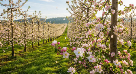 Blossoming apple orchard in the springtime, Germany.