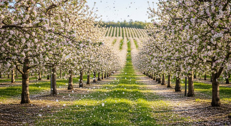 Blossoming apple orchard with white flowers in spring, Netherlands