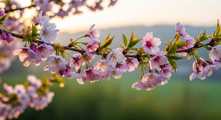 cherry blossom in spring at sunset, beautiful nature background.