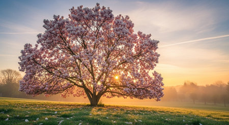 Beautiful pink cherry blossom tree in a meadow at sunrise