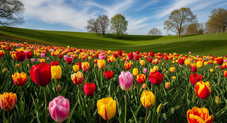 Panoramic view of tulip fields in the springtime.