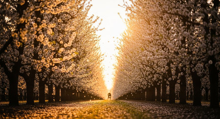 Cherry blossom trees in full bloom at sunset in spring.の写真素材