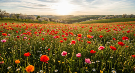 Field of poppies at sunset. Beautiful spring landscape with flowers.
