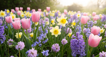Colorful tulips, hyacinths and daffodilsの写真素材