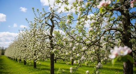 Blooming apple orchard in springtime. Beautiful garden with blooming fruit trees.
