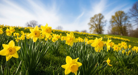 Yellow daffodils in a sunny meadow in springtimeの写真素材