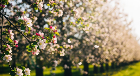 Blossoming apple orchard in spring. Pink and white flowers.