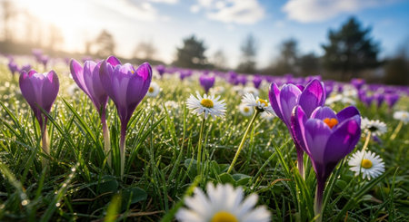 Purple crocuses and daisies in a meadow in spring