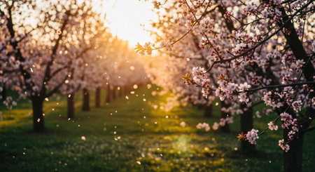 Blossoming of fruit trees in orchard at sunset. Beautiful spring background