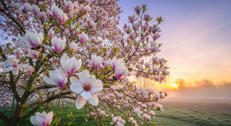 Magnolia flowers at sunrise in spring, panoramic view.