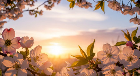 Beautiful blooming cherry tree in spring garden at sunset. Nature background