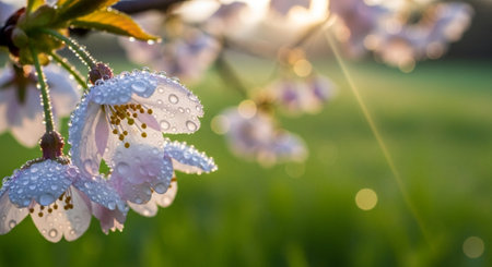 Cherry blossoms in full bloom with dew drops on the petals